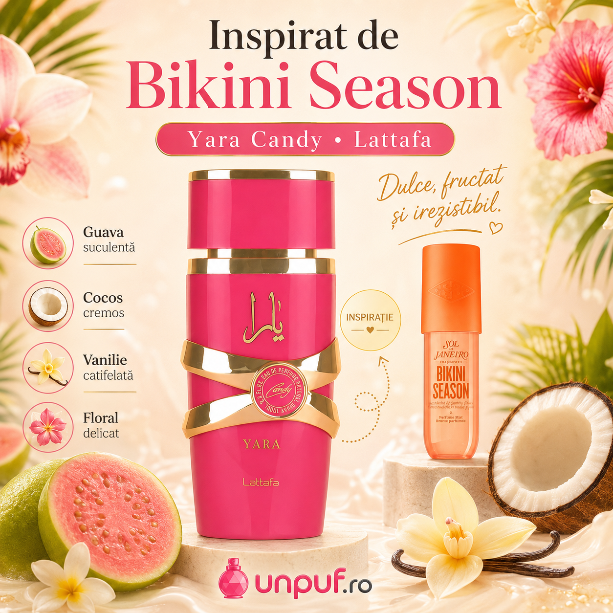 Lattafa Yara Candy inspirat de arome tropicale, guava, cocos, vanilie și note florale dulci